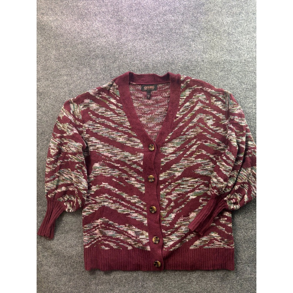 Shyanne Cardigan Women Small Burgundy Abstract Knit Balloon Sleeve V-Neck